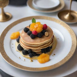 A luxurious $100 pancake, extravagantly topped with edible gold leaf, a side of caviar, and adorned with fresh, exotic fruits. Served on a designer plate amidst high-end silverware, on a lavish dining table.