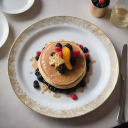 A luxurious $100 pancake, extravagantly topped with edible gold leaf, a side of caviar, and adorned with fresh, exotic fruits. Served on a designer plate amidst high-end silverware, on a lavish dining table.