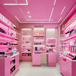 A bright, modern cosmetic shop interior filled with a variety of makeup products on shelves and a welcoming atmosphere.