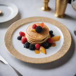 A luxurious $100 pancake, extravagantly topped with edible gold leaf, a side of caviar, and adorned with fresh, exotic fruits. Served on a designer plate amidst high-end silverware, on a lavish dining table.