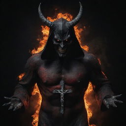 A dark and imposing figure of a devil, rendered in fiery colours and sinister nuances, holding a contrasting radiant silver cross in its clawed hands.