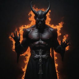 A dark and imposing figure of a devil, rendered in fiery colours and sinister nuances, holding a contrasting radiant silver cross in its clawed hands.