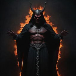 A dark and imposing figure of a devil, rendered in fiery colours and sinister nuances, holding a contrasting radiant silver cross in its clawed hands.