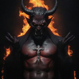 A dark and imposing figure of a devil, rendered in fiery colours and sinister nuances, holding a contrasting radiant silver cross in its clawed hands.