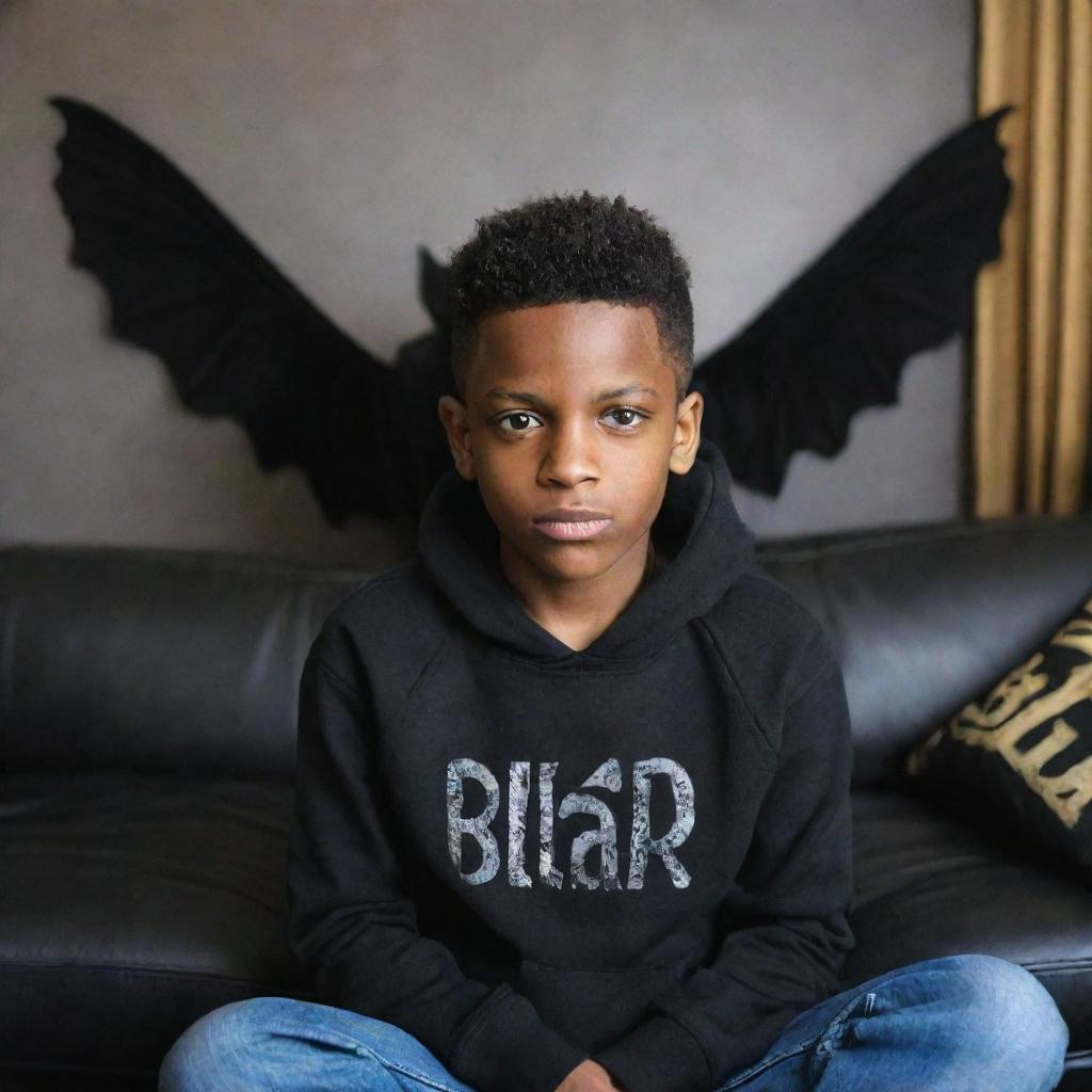 A boy sitting on a black sofa, wearing a black hoodie with 'Bilal' printed on it. Behind the sofa, devilish wings are spread wide with the name 'CATNOIR' written between them.