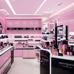 A bright, modern cosmetic shop interior filled with a variety of makeup products on shelves and a welcoming atmosphere.