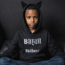 A boy sitting on a black sofa, wearing a black hoodie with 'Bilal' printed on it. Behind the sofa, devilish wings are spread wide with the name 'CATNOIR' written between them.