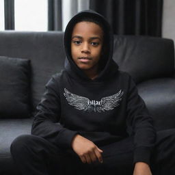 A boy sitting on a black sofa, wearing a black hoodie with 'Bilal' printed on it. Behind the sofa, devilish wings are spread wide with the name 'CATNOIR' written between them.