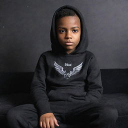 A boy sitting on a black sofa, wearing a black hoodie with 'Bilal' printed on it. Behind the sofa, devilish wings are spread wide with the name 'CATNOIR' written between them.