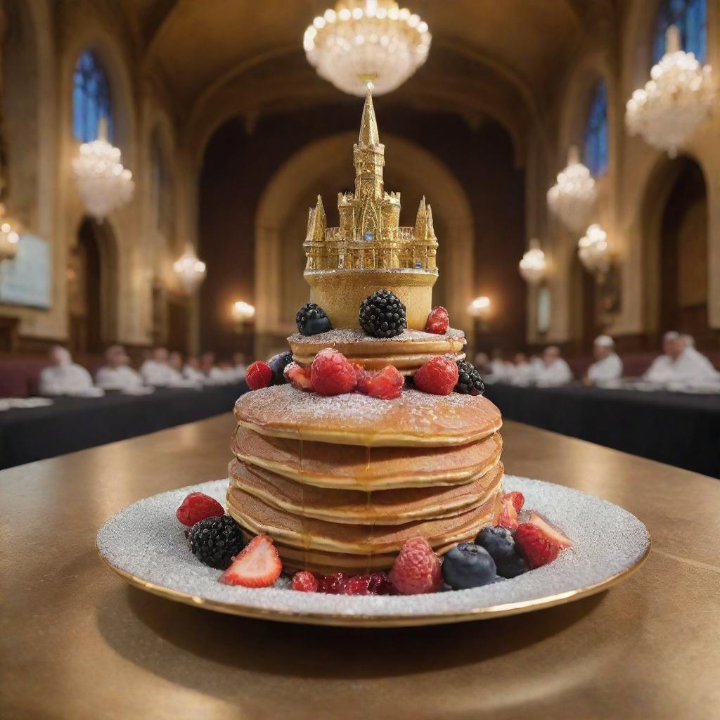 An exceedingly extravagant $10 billion pancake, made of ultra-rare ingredients like angel tears syrup and diamond dusted fruits, presented on a solid gold plate studded with gems, set against the backdrop of a majestic castle's royal dining hall.