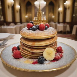 An exceedingly extravagant $10 billion pancake, made of ultra-rare ingredients like angel tears syrup and diamond dusted fruits, presented on a solid gold plate studded with gems, set against the backdrop of a majestic castle's royal dining hall.