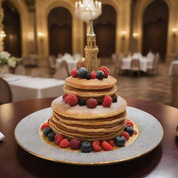 An exceedingly extravagant $10 billion pancake, made of ultra-rare ingredients like angel tears syrup and diamond dusted fruits, presented on a solid gold plate studded with gems, set against the backdrop of a majestic castle's royal dining hall.