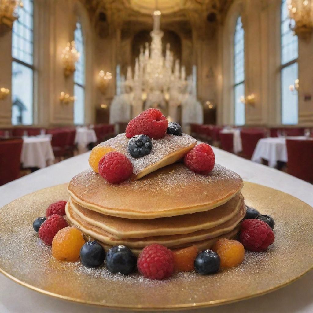 An exceedingly extravagant $10 billion pancake, made of ultra-rare ingredients like angel tears syrup and diamond dusted fruits, presented on a solid gold plate studded with gems, set against the backdrop of a majestic castle's royal dining hall.