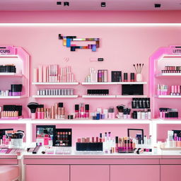 A bright, modern cosmetic shop interior filled with a variety of makeup products on shelves and a welcoming atmosphere.