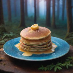 A pancake beyond monetary value, made of celestial ingredients, glowing with a soft, ethereal light, served on a magical floating crystal plate amidst a panorama of an enchanted forest filled with mythical creatures.