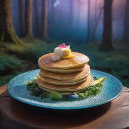 A pancake beyond monetary value, made of celestial ingredients, glowing with a soft, ethereal light, served on a magical floating crystal plate amidst a panorama of an enchanted forest filled with mythical creatures.