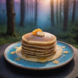 A pancake beyond monetary value, made of celestial ingredients, glowing with a soft, ethereal light, served on a magical floating crystal plate amidst a panorama of an enchanted forest filled with mythical creatures.