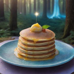 A pancake beyond monetary value, made of celestial ingredients, glowing with a soft, ethereal light, served on a magical floating crystal plate amidst a panorama of an enchanted forest filled with mythical creatures.