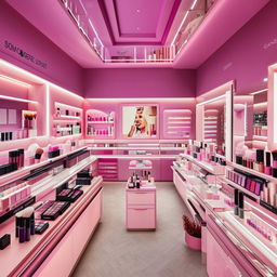 A bright, modern cosmetic shop interior filled with a variety of makeup products on shelves and a welcoming atmosphere.