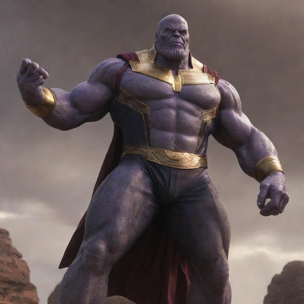 Thanos, the Marvel character, standing majestically, passionately uttering 'Jai Shree Ram', a Hindu chant.