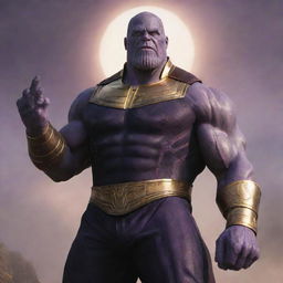 Thanos, the Marvel character, standing majestically, passionately uttering 'Jai Shree Ram', a Hindu chant.