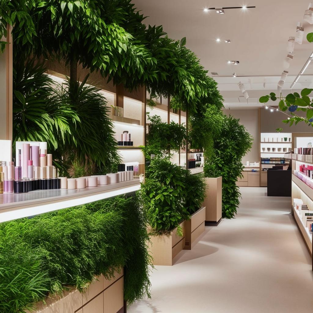 Aesthetic cosmetic shop interior with lush greenery accents, shelves of beauty products, and eco-friendly design.