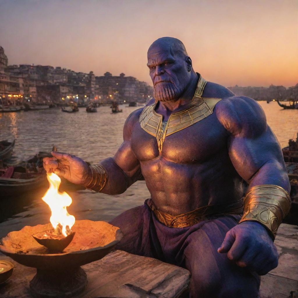 Thanos, from Marvel Comics, intricately performing Ganga Aarti ritual on the ghats of Banaras during sunset.