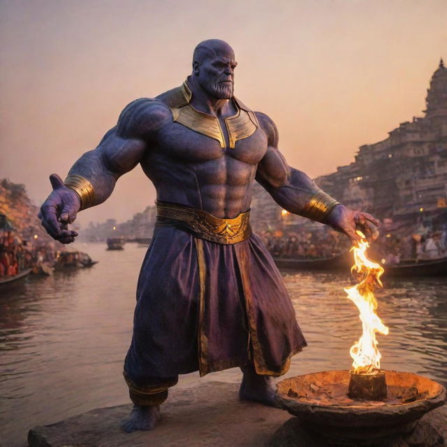 Thanos, from Marvel Comics, intricately performing Ganga Aarti ritual on the ghats of Banaras during sunset.