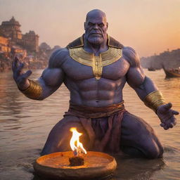 Thanos, from Marvel Comics, intricately performing Ganga Aarti ritual on the ghats of Banaras during sunset.