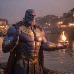 Thanos, from Marvel Comics, intricately performing Ganga Aarti ritual on the ghats of Banaras during sunset.