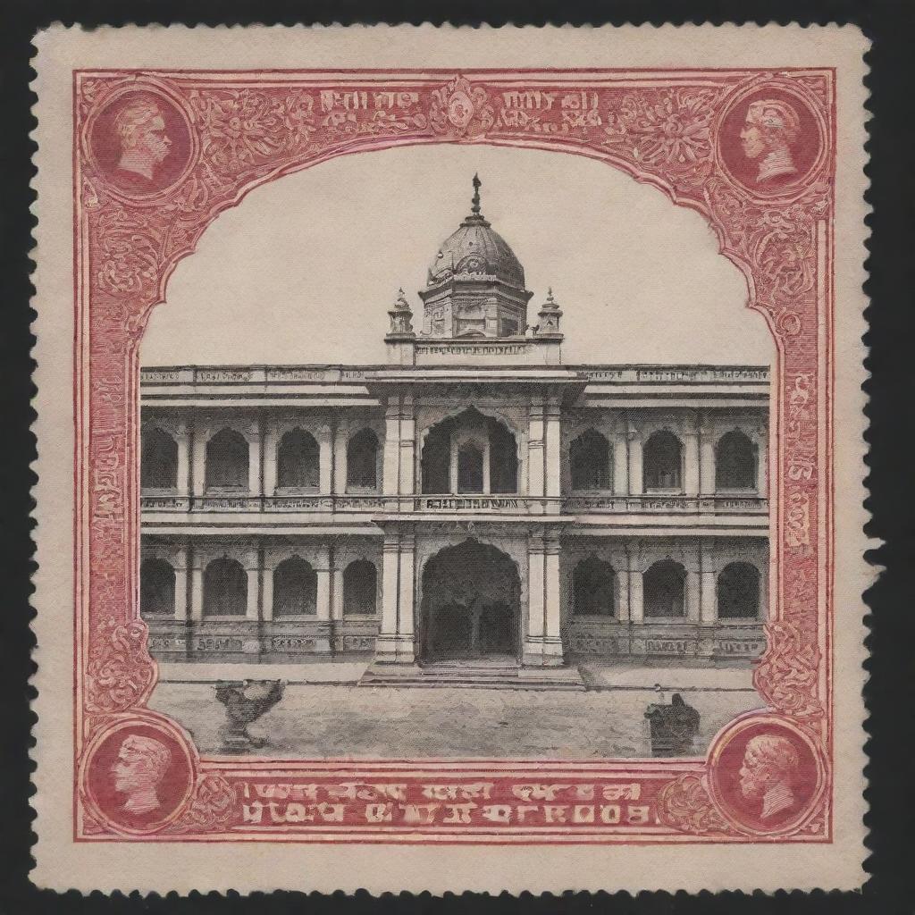 Generate an image of an iconic Indian post office or a historical Indian postage stamp.