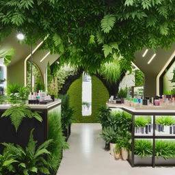 Aesthetic cosmetic shop interior with lush greenery accents, shelves of beauty products, and eco-friendly design.