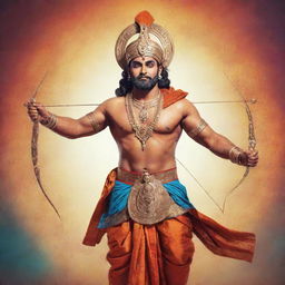 A majestic illustration of Ram Ji, depicted as a divine warrior in vibrant traditional Indian style, holding a bow and arrow and radiating an aura of peace and bravery.