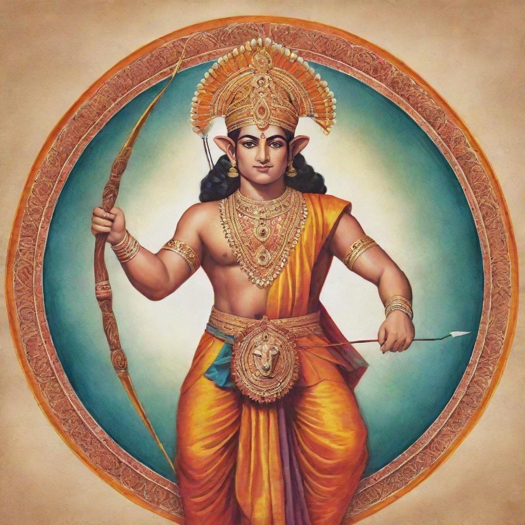 A majestic illustration of Ram Ji, depicted as a divine warrior in vibrant traditional Indian style, holding a bow and arrow and radiating an aura of peace and bravery.