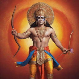 A majestic illustration of Ram Ji, depicted as a divine warrior in vibrant traditional Indian style, holding a bow and arrow and radiating an aura of peace and bravery.