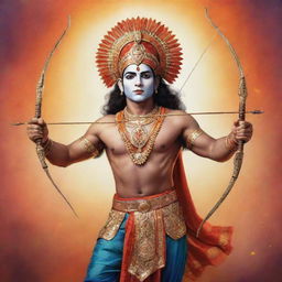 A majestic illustration of Ram Ji, depicted as a divine warrior in vibrant traditional Indian style, holding a bow and arrow and radiating an aura of peace and bravery.