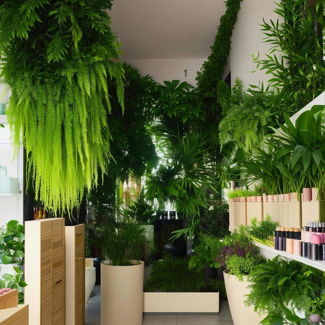 Aesthetic cosmetic shop interior with lush greenery accents, shelves of beauty products, and eco-friendly design.