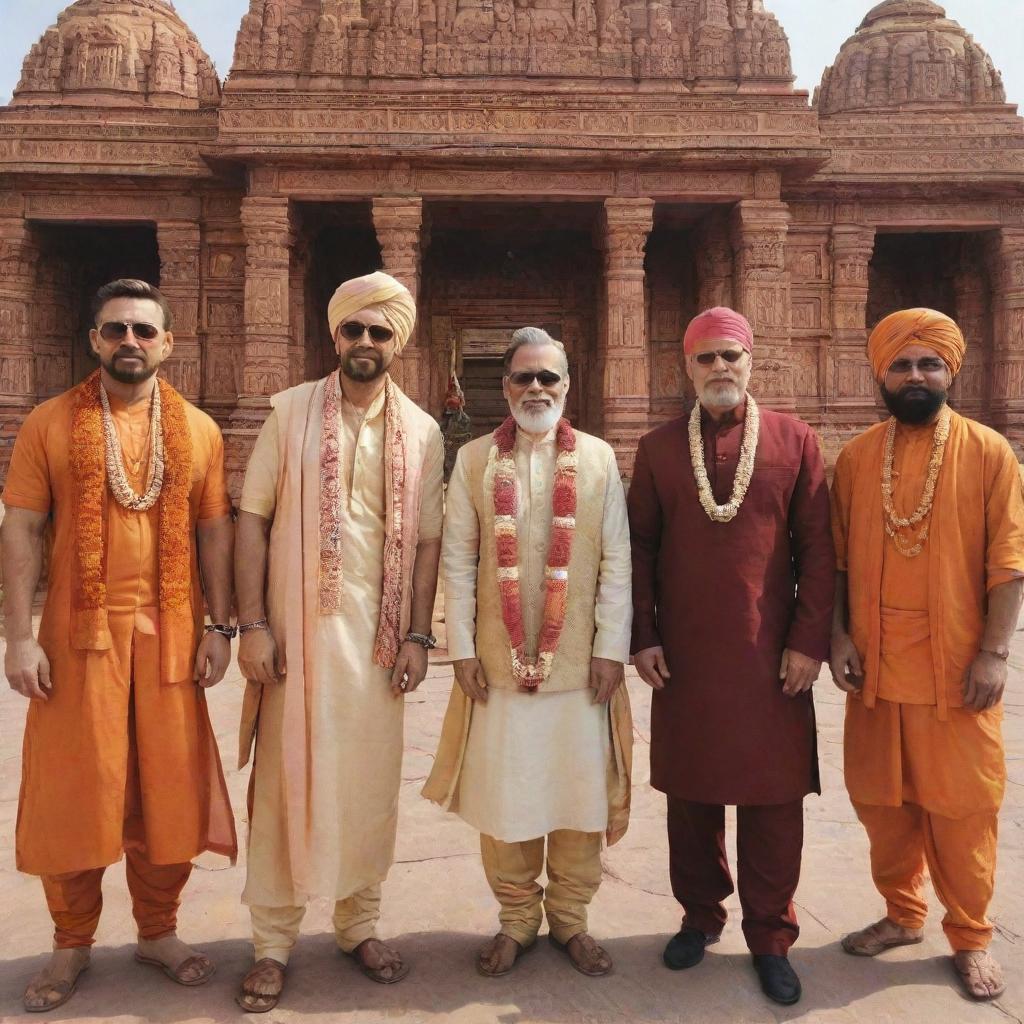 The Avengers characters dressed in traditional Hindu attire, respectfully visiting the Ram Mandir, a notable Hindu temple, illustrating a beautiful blend of pop culture and ancient architecture.