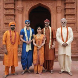 The Avengers characters dressed in traditional Hindu attire, respectfully visiting the Ram Mandir, a notable Hindu temple, illustrating a beautiful blend of pop culture and ancient architecture.