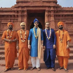 The Avengers characters dressed in traditional Hindu attire, respectfully visiting the Ram Mandir, a notable Hindu temple, illustrating a beautiful blend of pop culture and ancient architecture.