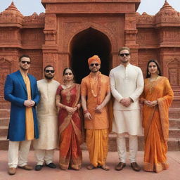 The Avengers characters dressed in traditional Hindu attire, respectfully visiting the Ram Mandir, a notable Hindu temple, illustrating a beautiful blend of pop culture and ancient architecture.