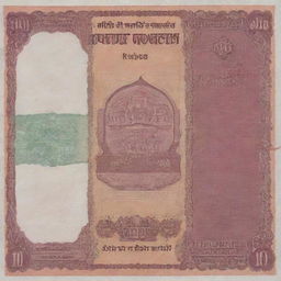 Generate an image of an Indian 10 rupees note with all its intricate details and colors.