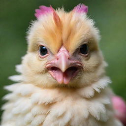 Generate an image of an adorable chicken with bright eyes and soft, colorful feathers.