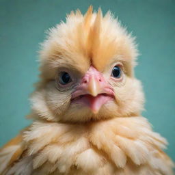 Generate an image of an adorable chicken with bright eyes and soft, colorful feathers.