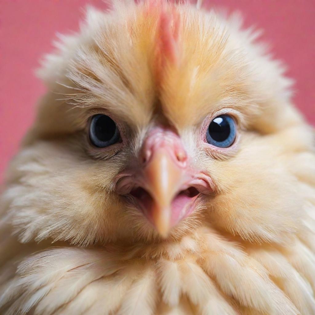 Generate an image of an adorable chicken with bright eyes and soft, colorful feathers.