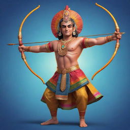 An animated character design of Ram Ji, represented in a traditional Indian art style, striking a brave pose with his bow and arrow, adorned in radiant, colorful attire.