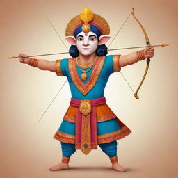 An animated character design of Ram Ji, represented in a traditional Indian art style, striking a brave pose with his bow and arrow, adorned in radiant, colorful attire.