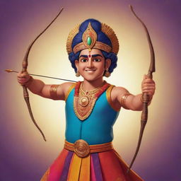 An animated character design of Ram Ji, represented in a traditional Indian art style, striking a brave pose with his bow and arrow, adorned in radiant, colorful attire.