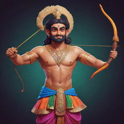 An animated character design of Ram Ji, represented in a traditional Indian art style, striking a brave pose with his bow and arrow, adorned in radiant, colorful attire.