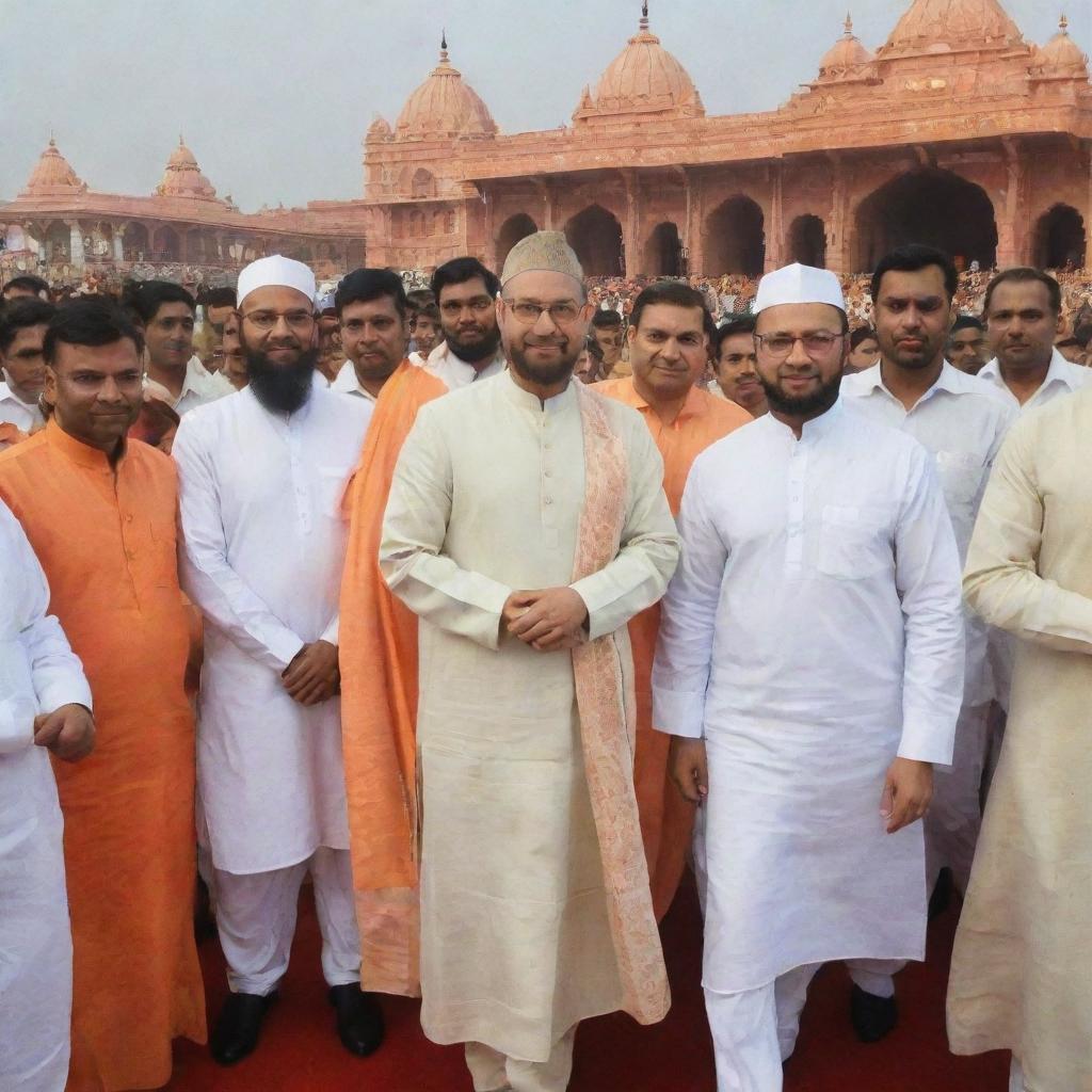 Asaduddin Owaisi, wearing a traditional dhoti-kurta, visiting the Ram Mandir, symbolizing cultural unity.